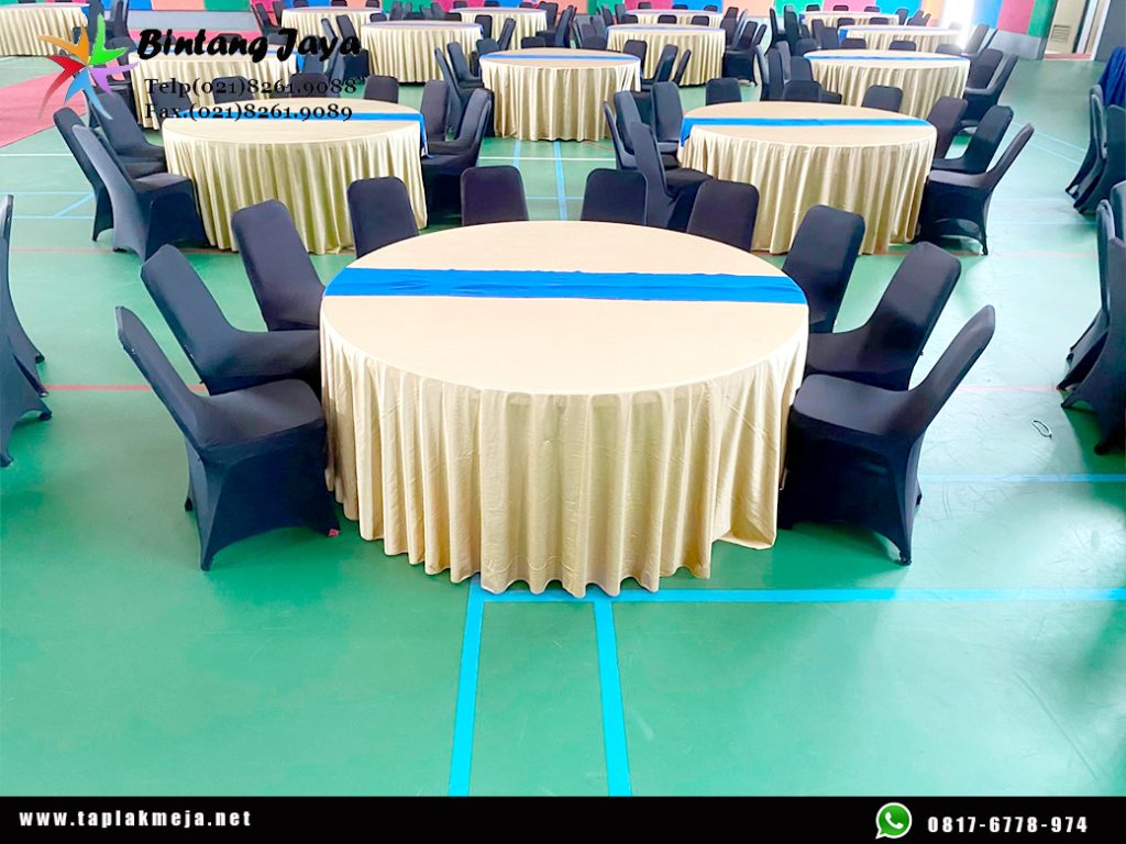 Jual Cover Meja Bulat Gold Modern untuk Cafe, Resto dan Hotel Berkelas