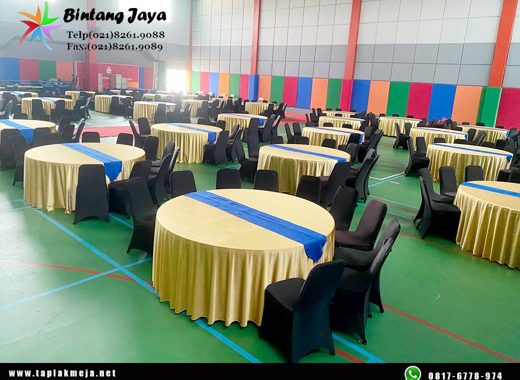 Jual Cover Meja Bulat Gold Modern untuk Cafe, Resto dan Hotel Berkelas